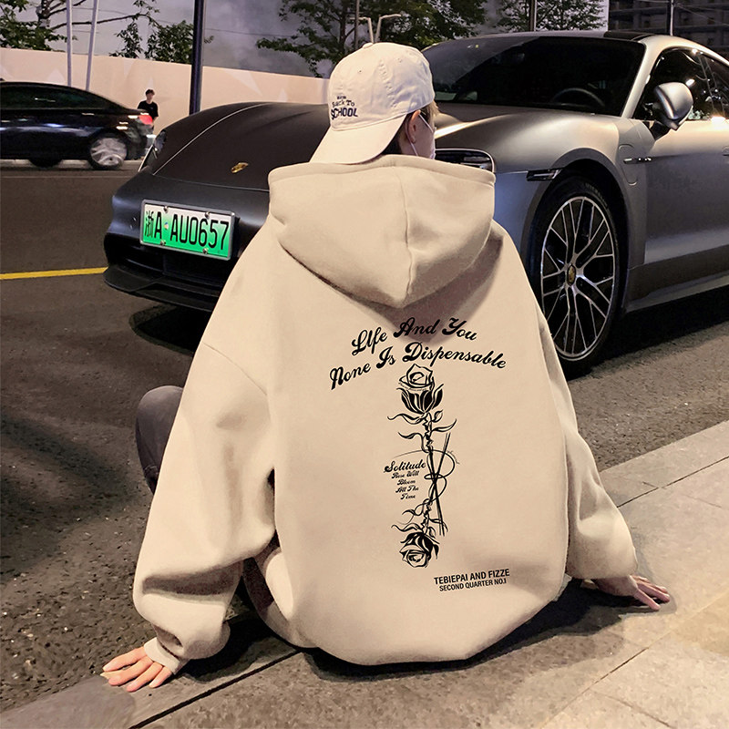 CM021P60新品酒红色纯棉卫衣玫瑰印花情侣款宽松帽衫外套,男装卫衣,星座304A-1