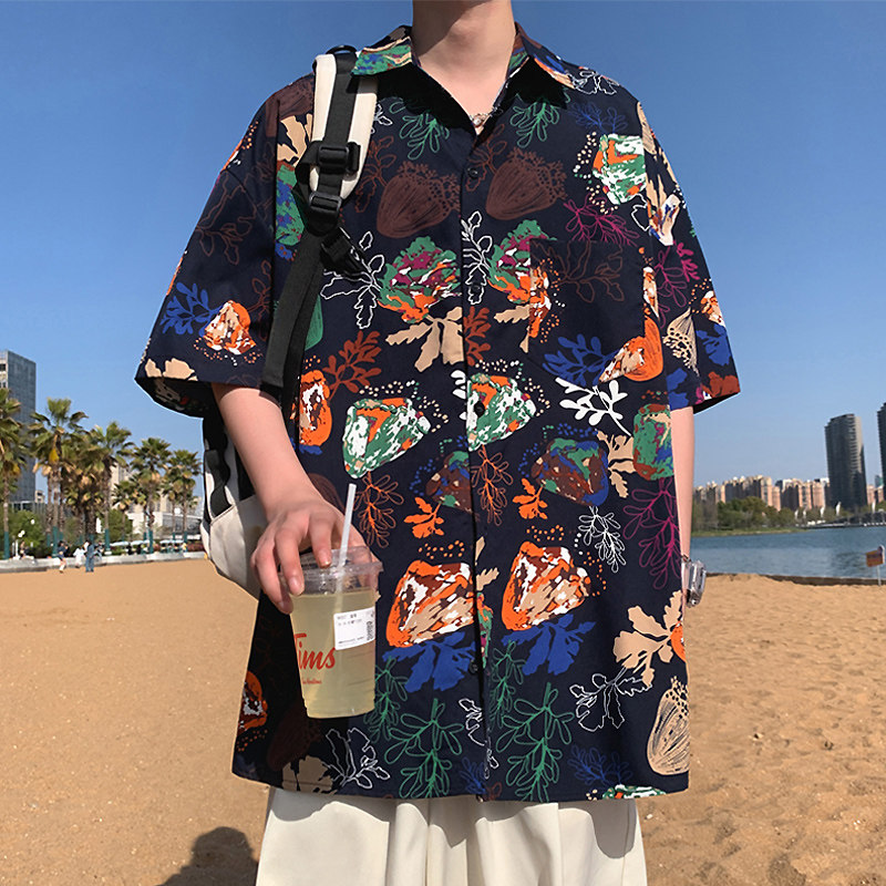 C001P38新品海边度假短袖花衬衫薄款透气休闲半袖港风沙滩衬衣,男装衬衫,星座304A-1