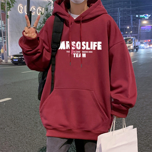 CM069AP60秋冬酒红色宽松潮牌纯棉帽衫oversize卫衣长袖套头上衣图片