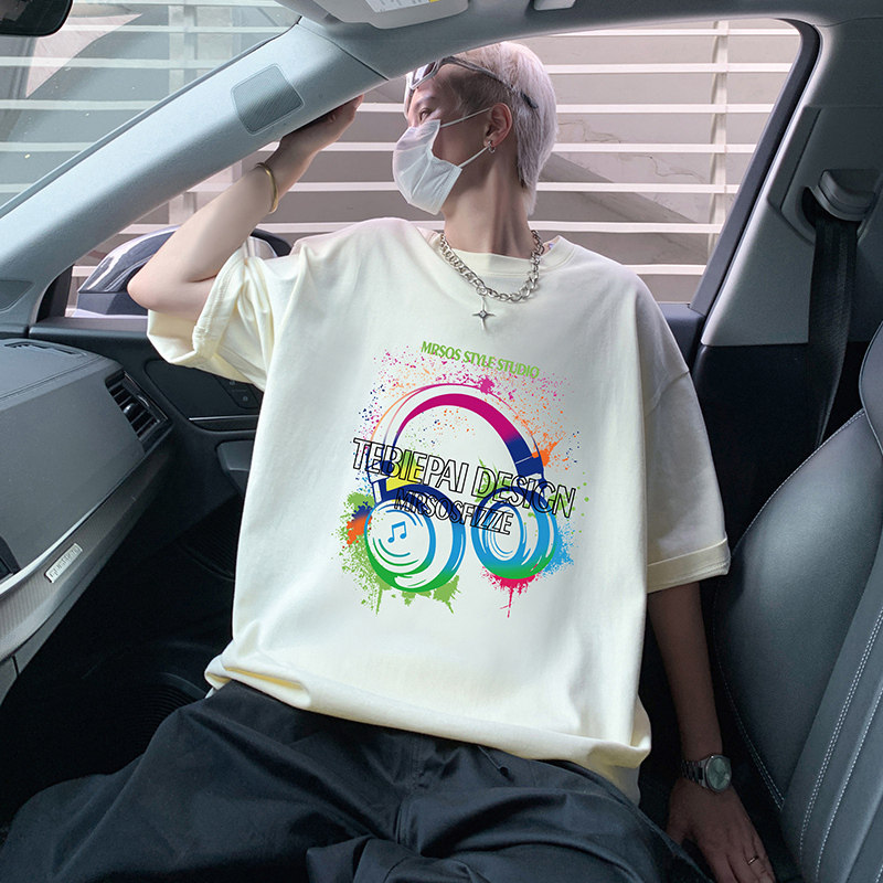T782P26新品短袖T恤男重磅纯棉男生体恤衫耳机印花闲半袖,男装T恤,星座304A-1