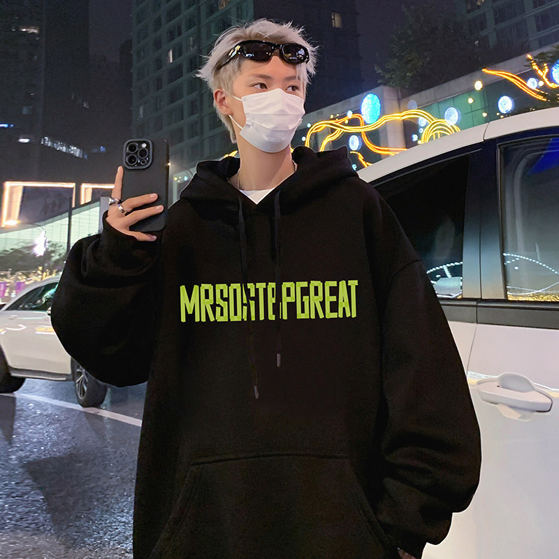 CM071BP60秋冬纯棉重磅连帽卫衣黑帽衫不规则字母印花套头外套,男装卫衣,星座304A-1