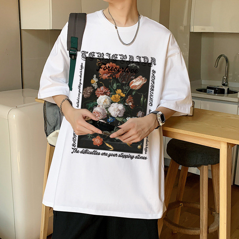 304A-T607P26短袖t恤男复古玫瑰印花圆领休闲纯棉体恤图片