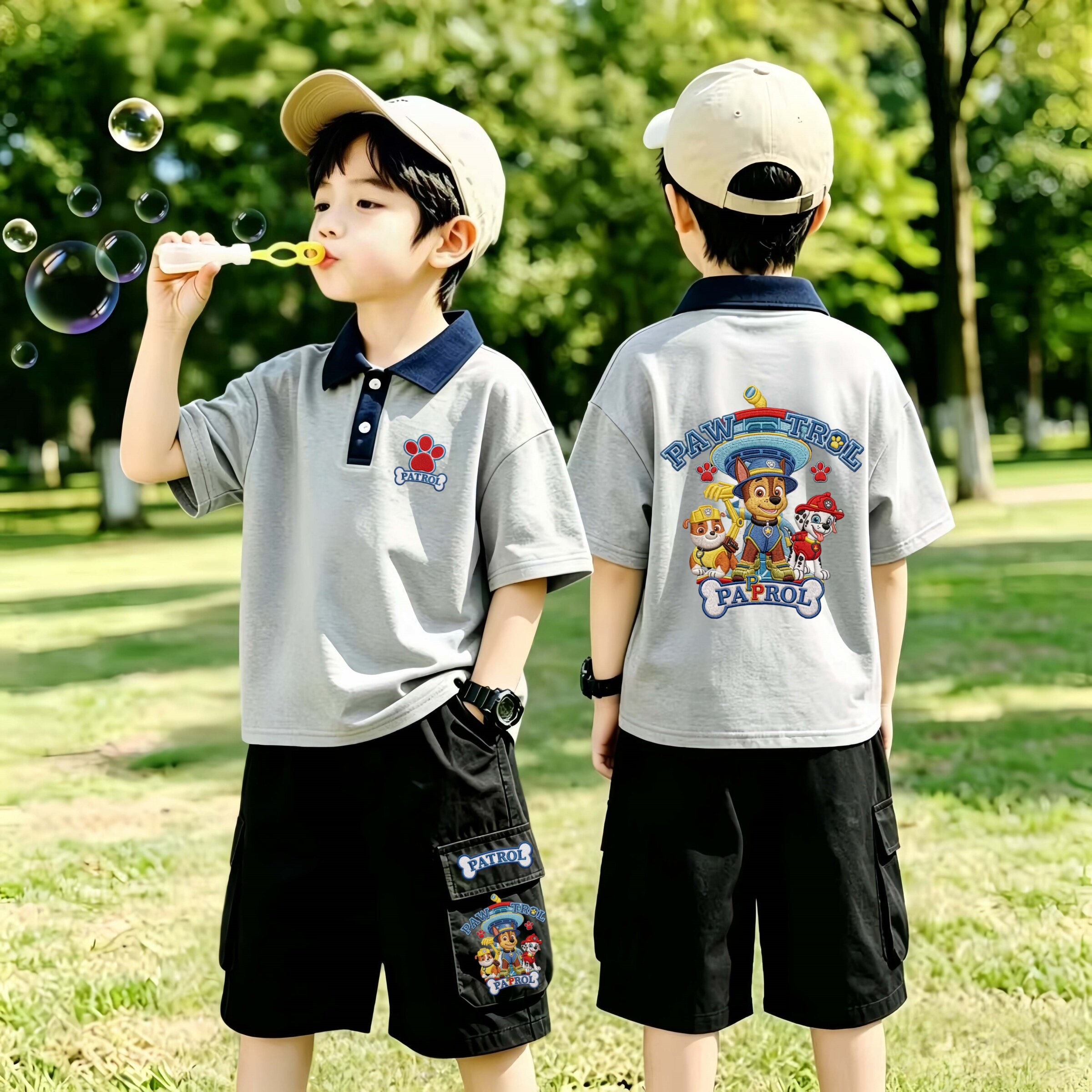 儿童POLO衫汪汪队短袖套装夏季男童发光工装短裤翻领上衣两件套潮