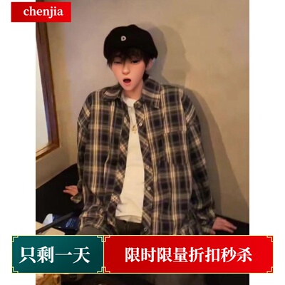 美式复古藏蓝格子衬衫男长袖少年