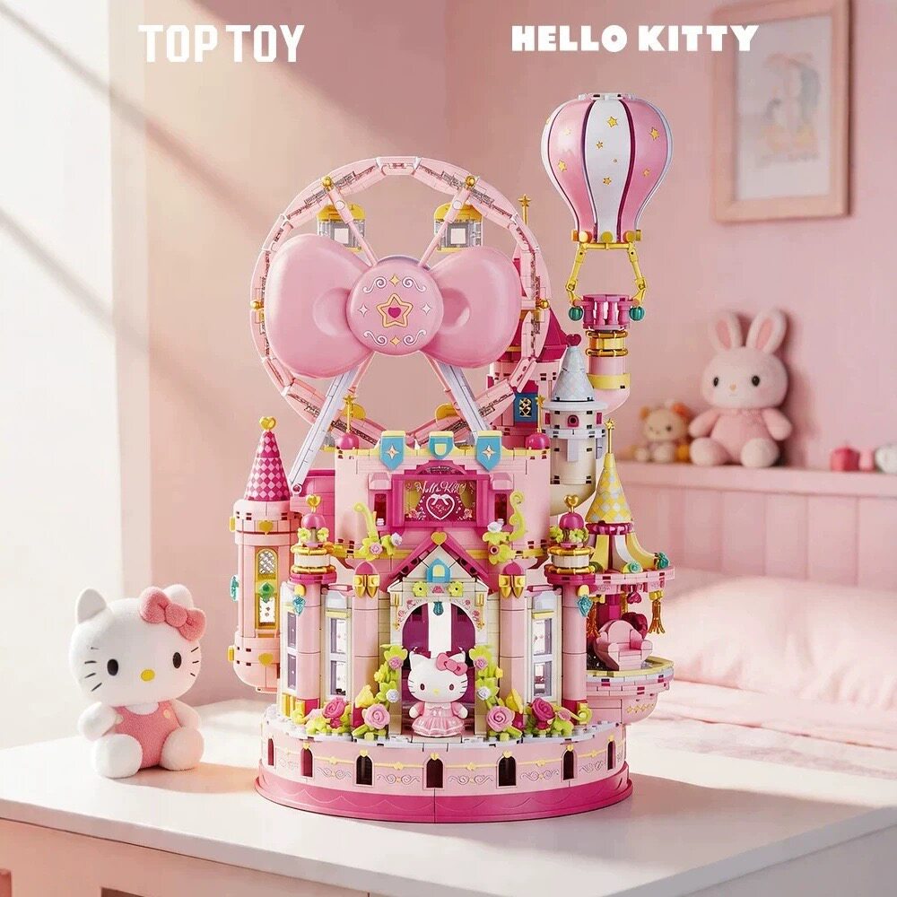 TOPTOY三丽鸥hellokitty凯蒂猫粉愿城堡高难度拼装小颗粒积木玩具