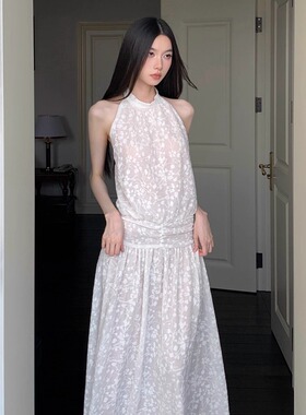 少女维纳斯艺术感独特时髦蕾丝提花挂脖露背收腰连衣裙度假背心裙