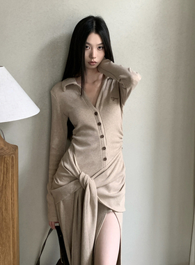 卡其色设计优雅迷人性感高开叉绑带修身显瘦辣妹连衣裙包臀长裙