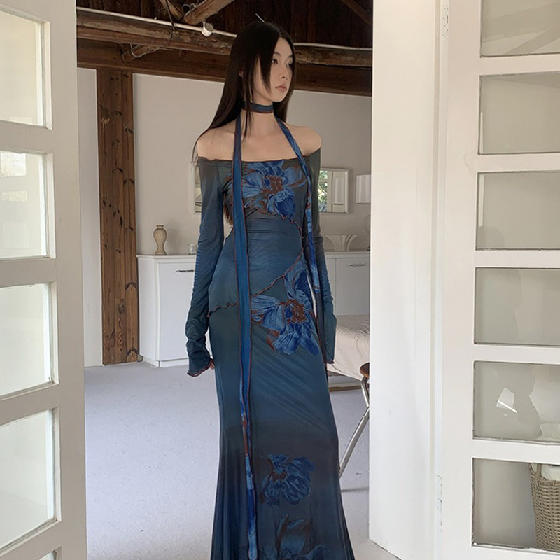 新中式印花网纱一字肩连衣裙女春季收腰包臀鱼尾裙风情万种的裙子