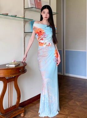 新中式辣妹性感露肩印花吊带连衣裙气质收腰显瘦包臀鱼尾裙女旗袍