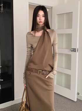 法式假两件拼接撞色长袖连衣裙废土风小众设计高级感收腰直筒长裙