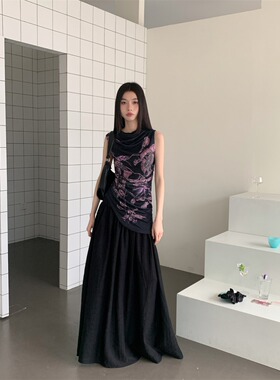 设计感小众意识流花卉弹力网纱背心褶皱修身上衣+半裙长裙两件套