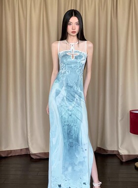 法式复古印花网纱吊带连衣裙女夏季新款度假风收腰显瘦包臀长款裙