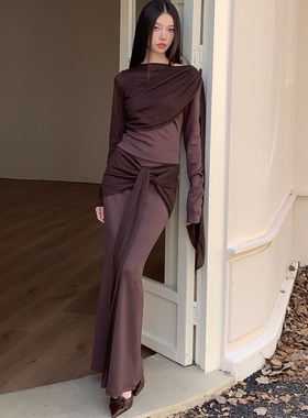 法式气质优雅针织拼接套装飘带修身褶皱上衣绑带包臀长裙女秋冬季