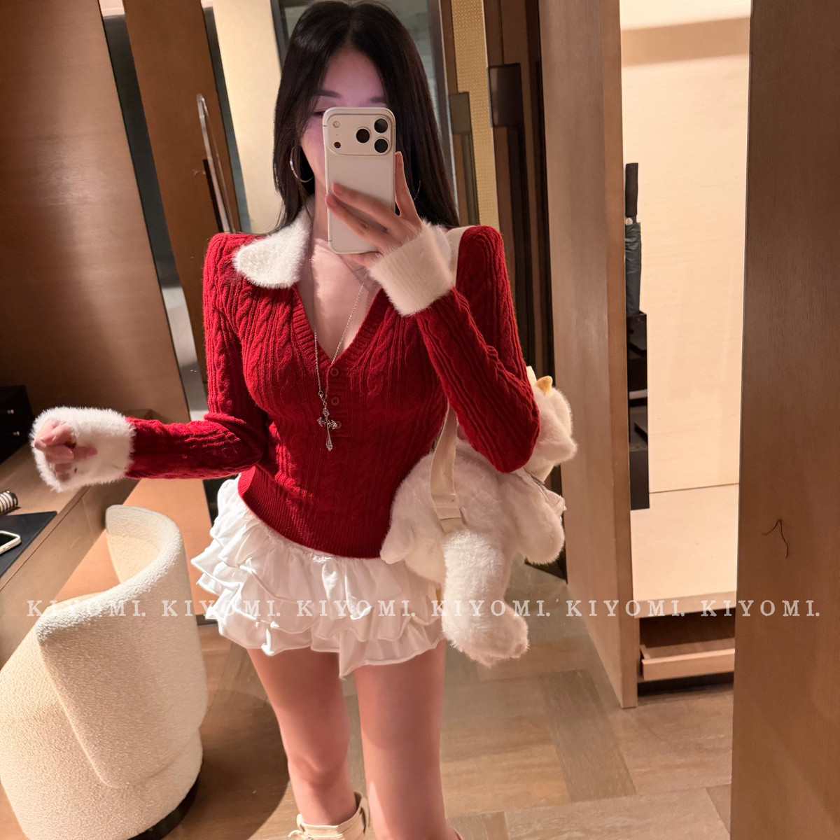 KIYOMI-新圣诞～miu系穿搭仿貂毛毛领麻花套头上衣针织衫68580