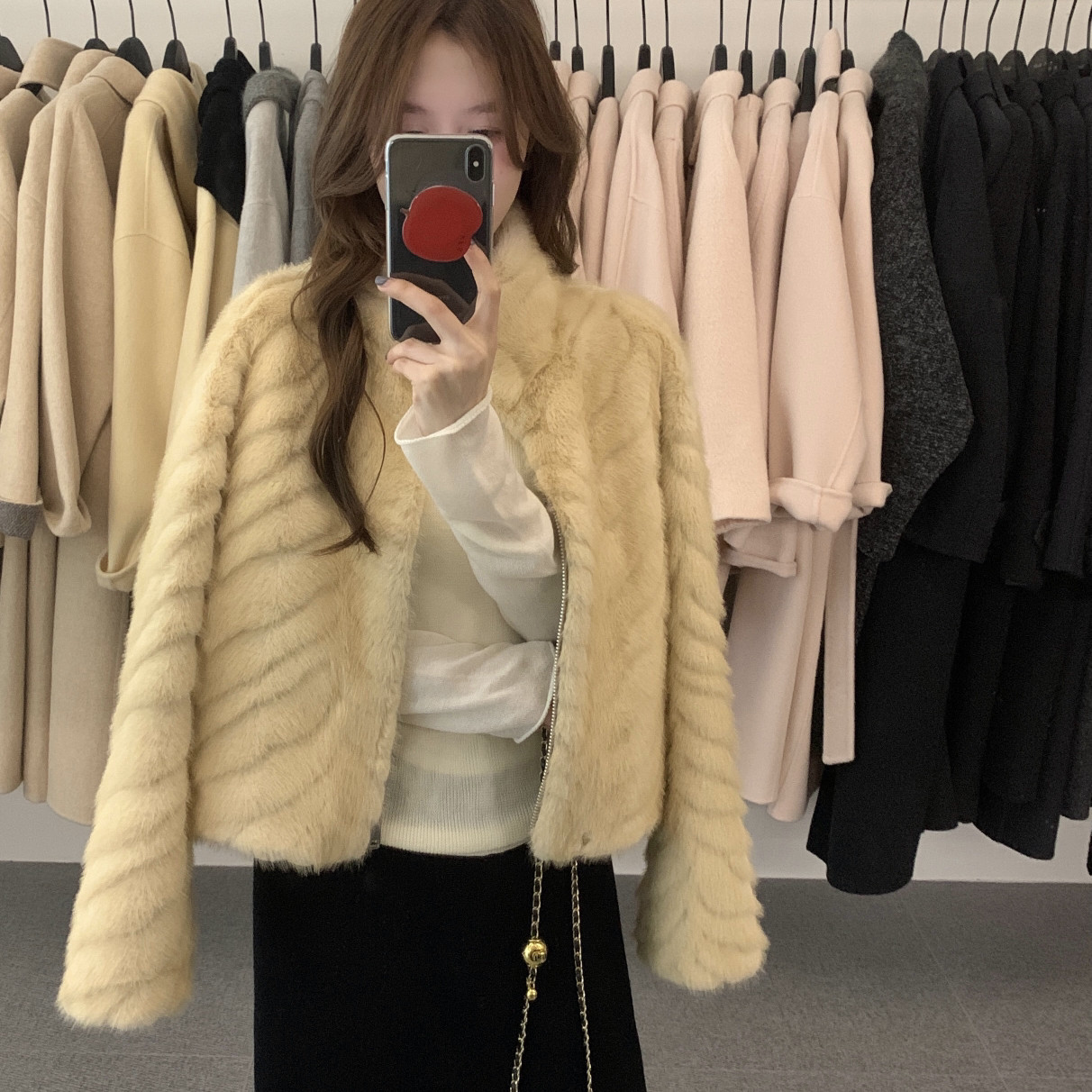 noodle面条家-上新韩系波浪纹立领加厚毛绒环保毛毛短外套N20123