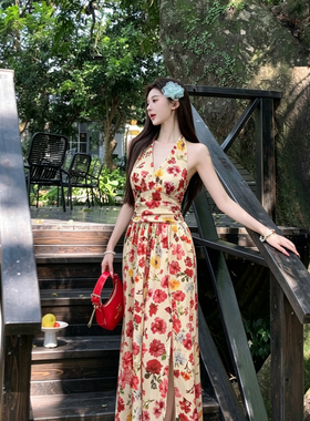 MEI ZI 美姿-柔氛围感度假风气质玫瑰花露背蝴蝶结挂脖连衣裙5828