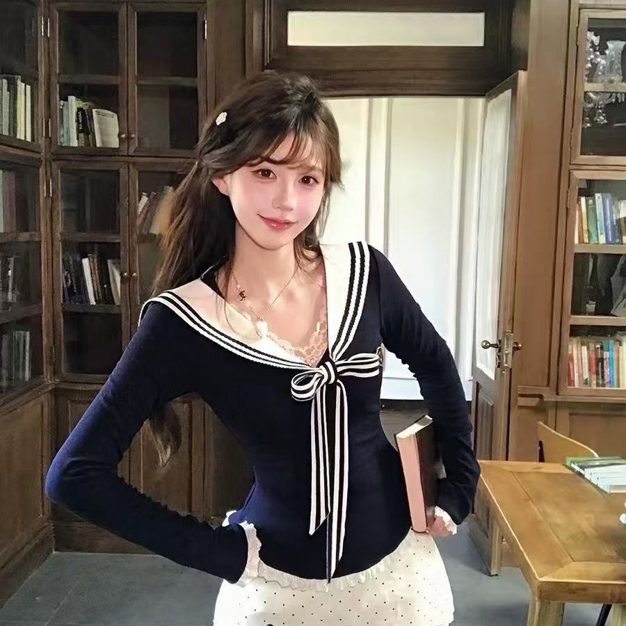 MI3淑女针织衫蝴蝶结包臀蕾丝花边裙裤防走光半身裙套装90915