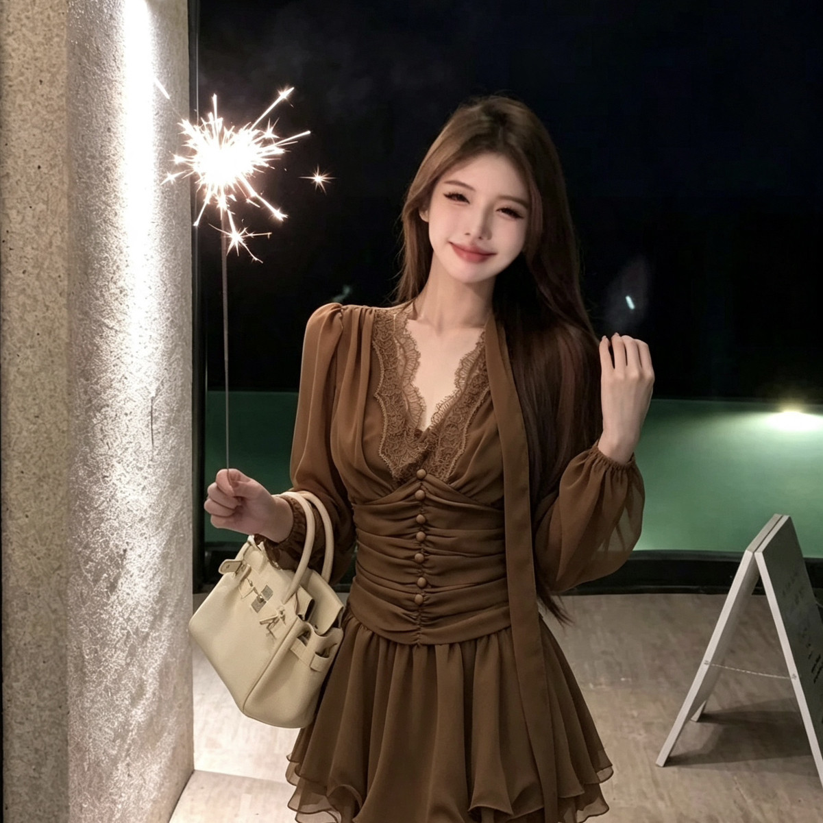 MEI ZI 美姿-领雪纺上衣时尚套装