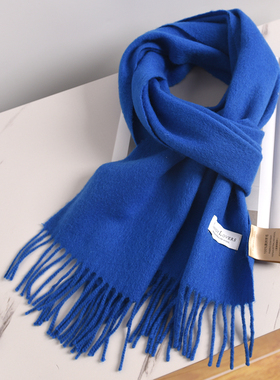 定制logo刺绣100%羊毛围巾女冬季蓝色加厚保暖高档围脖男克莱因蓝