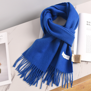 定制logo刺绣100%羊毛围巾女冬季蓝色加厚保暖高档围脖男克莱因蓝