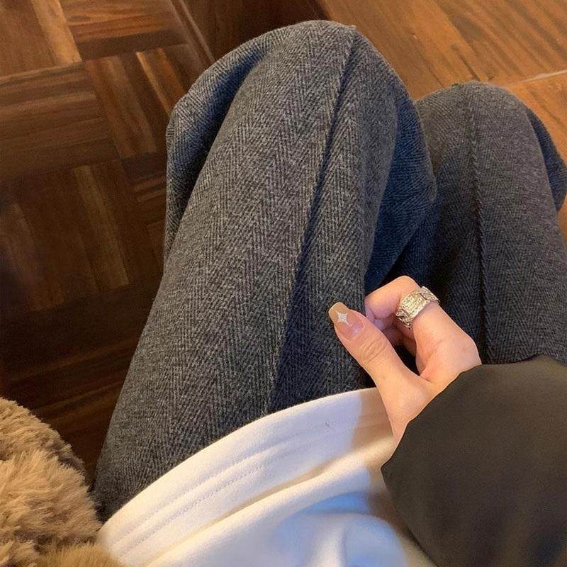 人字纹加绒加厚阔腿裤女2024新款秋冬灰色休闲羊毛毛呢窄版直筒裤,女装/女士精品,休闲裤,淘宝优惠券,粉丝福利购,淘宝优惠卷