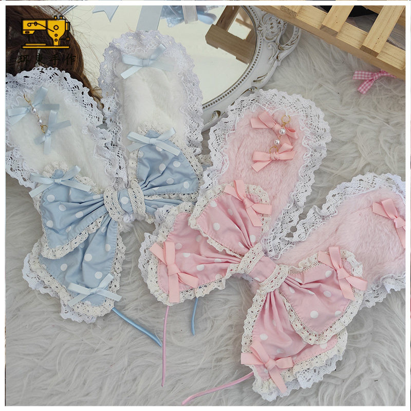 珥东手作Lolita蝴蝶结小兔兔耳kc浅粉色浅蓝色圆点波点小物发箍lo