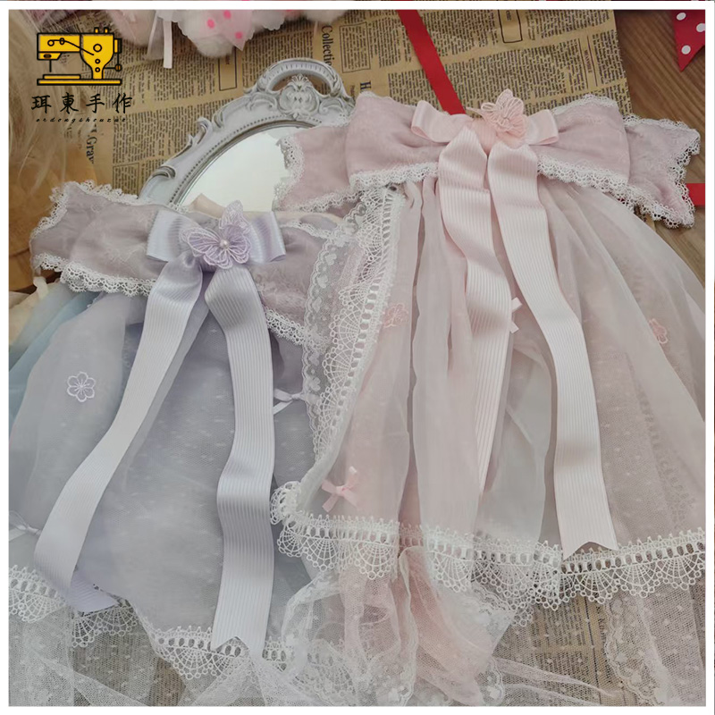 珥东手作Lolita樱花树下的告白粉白蓝色紫色头纱蝴蝶结头饰夹子lo