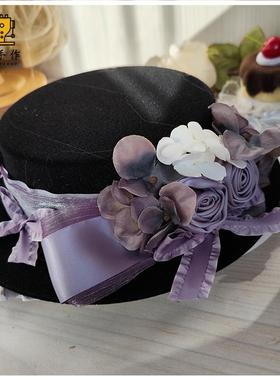 珥东手作Lolita英伦手作法式礼帽浪漫蔷薇黑紫色发饰帽子lo娘优雅