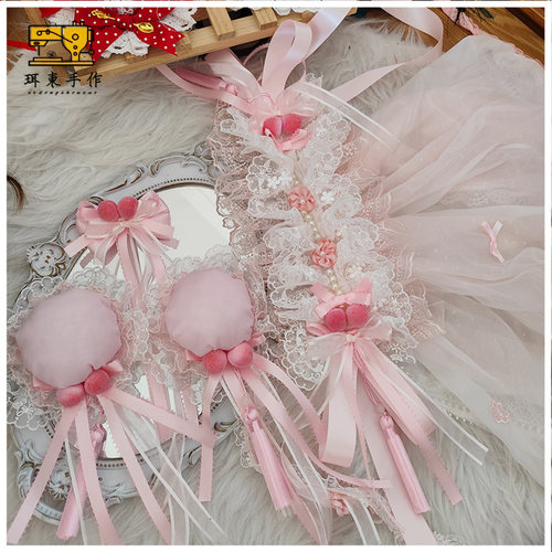 珥东手作Lolita粉色桃子元素桃与月发包夹子发饰头纱发带中华风lo