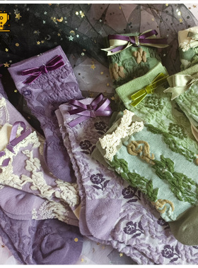 珥东手作Lolita紫色绿色袜子复古葡萄园小物蝴蝶结lo娘裙配碎花