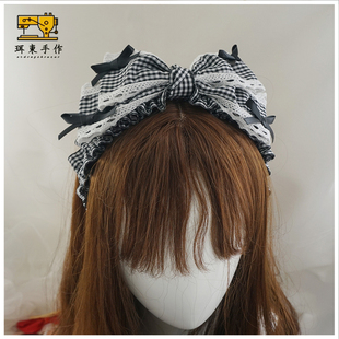 珥东手作Lolita黑白格子蝴蝶结kc软妹发箍爱丽丝lo娘小物头饰发饰