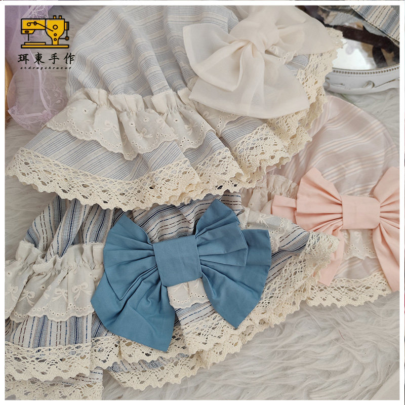 珥东手作Lolita摇篮曲古董娃娃墙条纹粉水色蝴蝶结bb帽doll感帽子图片