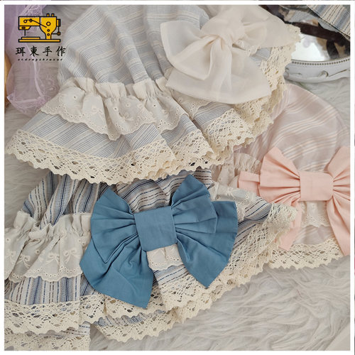 珥东手作Lolita摇篮曲古董娃娃墙条纹粉水色蝴蝶结bb帽doll感帽子