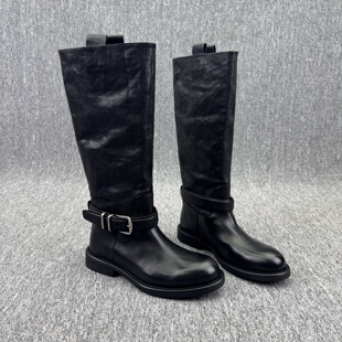 乐魔2025秋季新款欧货欧洲站皮带扣低跟套筒女长靴真皮高筒骑士靴