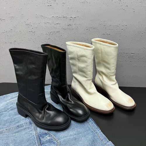 中筒靴真皮中跟套筒简约骑士靴女