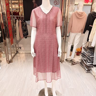 NOHASHTAG 2025夏季新款时尚简约显瘦大码气质V领妈妈弹力连衣裙