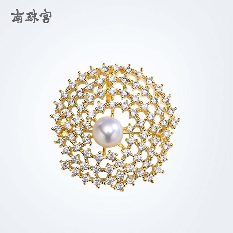 南珠宫银河淡水珍珠胸针白色扁圆合金款高档珍珠胸花女h018d-1