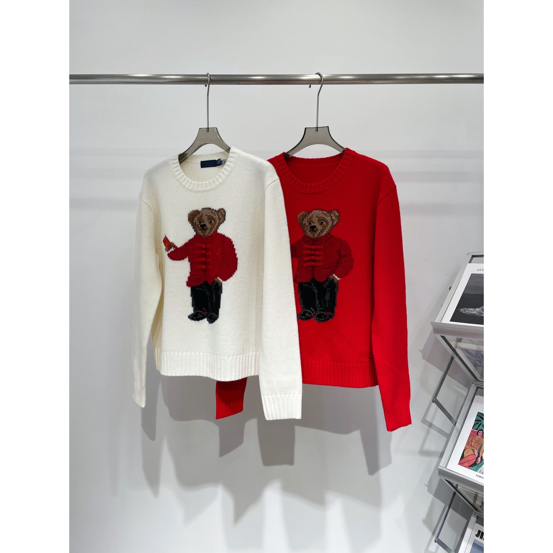 高品质 90%羊毛10%羊绒RL拉夫新中式盘扣小熊 圆领套头针织衫上衣