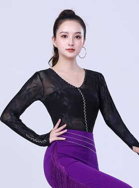 拉丁舞上衣女新款镶钻V领长袖舞蹈服性感网纱国标伦巴舞表演出服