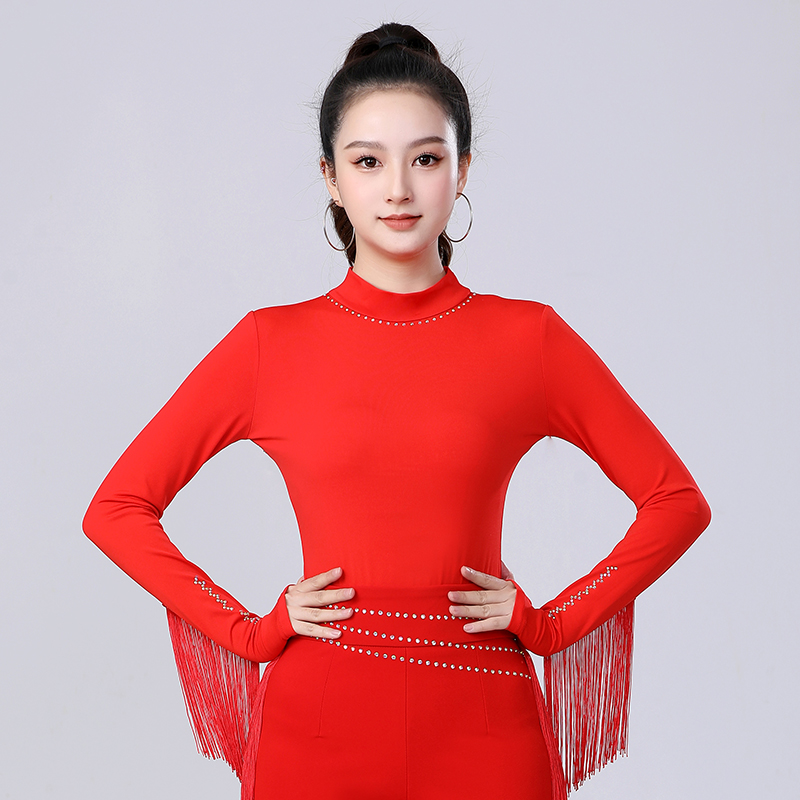 拉丁舞连体上衣新款高领烫钻流苏国标舞蹈服长袖广场舞伦巴演出服
