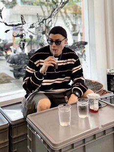 日系重磅320G余文乐复古休闲简约刺绣条纹短袖长袖cityboy风T恤