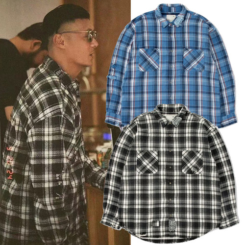 MADNESS余文乐水洗格子长袖衬衫