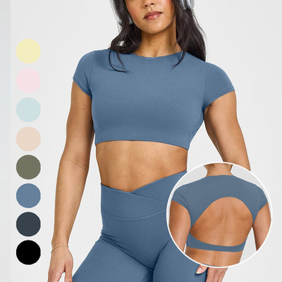 有胸垫 速干运动上衣女镂空美背瑜伽服短袖普拉提健身服短款T恤