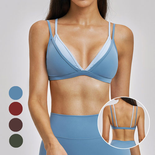 欧美裸感撞色瑜伽文胸女假两件三角杯深V休闲运动普拉提健身内衣