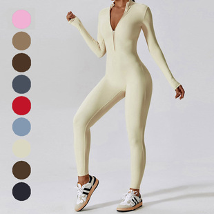 长裤 瑜伽连体服女速干舞蹈健身运动连体 欧美拉链裸感长袖 无胸垫