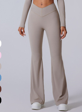 Lori欧美磨毛瑜伽喇叭裤女V腰显瘦运动裤紧身速干休闲健身微喇裤