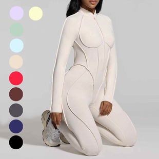 欧美露背立体拼接瑜伽连体衣女拉链长袖 运动连体服 速干健身一体式