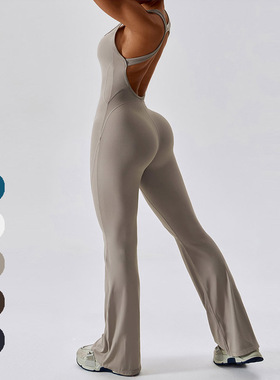 欧美瑜伽连体服女速干紧身舞蹈运动健身提臀收腹微喇阔腿裤连体衣