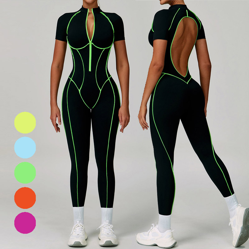 有胸垫撞色立体瑜伽连体服女镂空美背紧身拉链短袖运动健身连体衣
