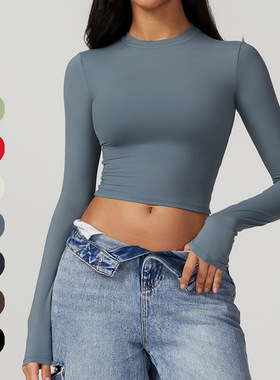 辣妹磨毛紧身运动T恤女速干长袖瑜伽服普拉提跑步打底健身上衣